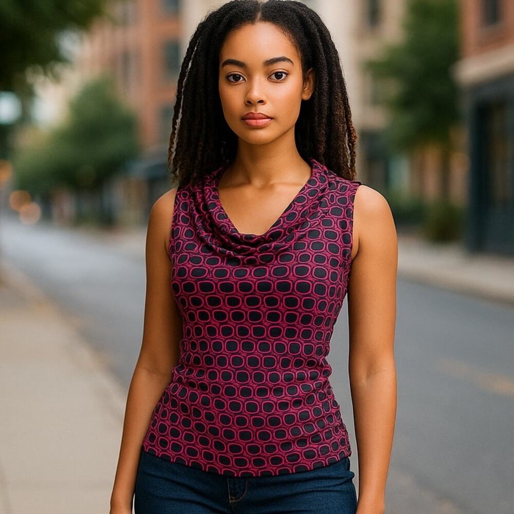 MICHAEL KORS Sleeveless Cowl Neck Red & Blue Stretchy Top ~ Women's Size SMALL
